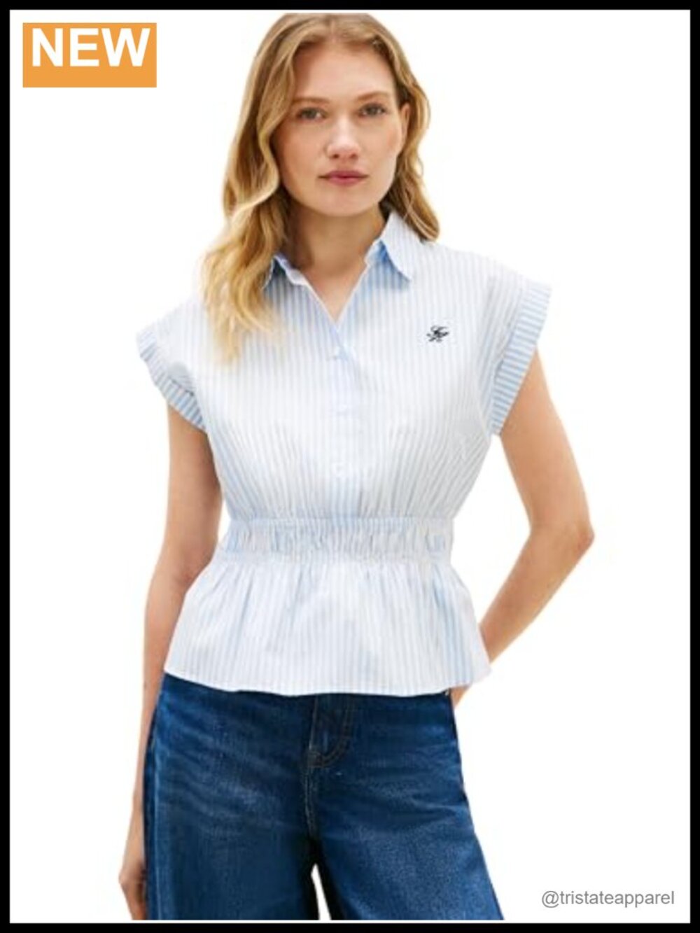 Sleeveless Cotton Button Down Shirt Smocked Waist Peplum Blouse